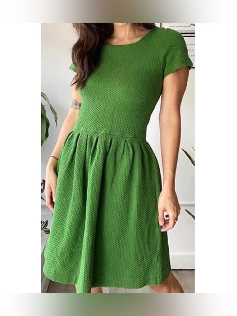 Ganni Emerald Green Textured Fit-and-Flare Dress
